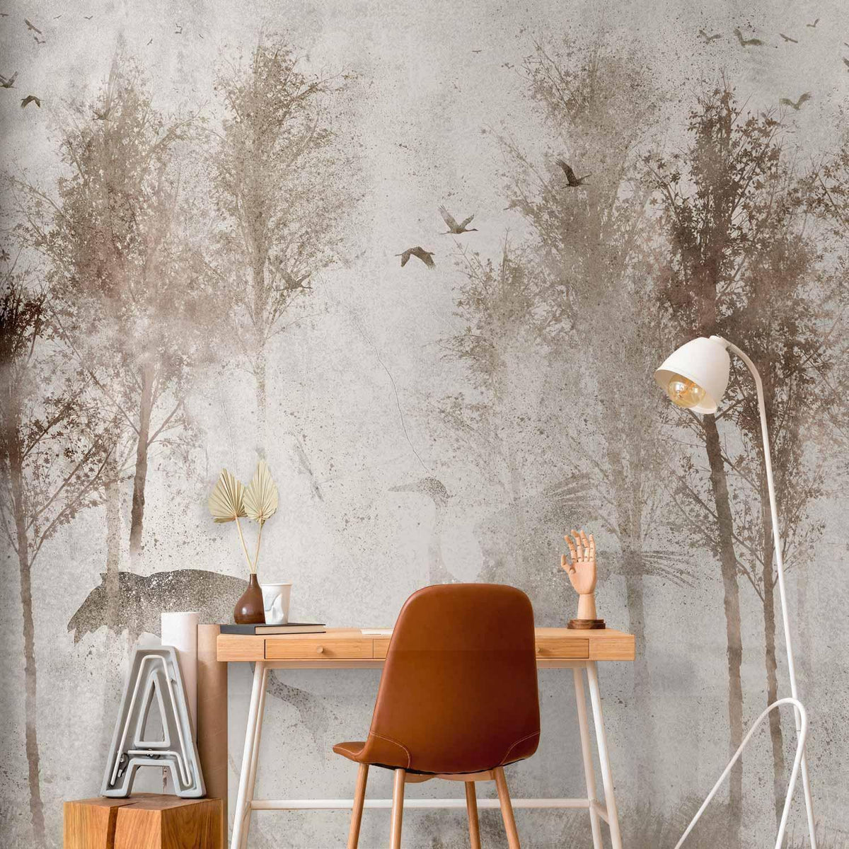Fototapete - Among the trees - landscape in grey tones in fog in a clearing with birds