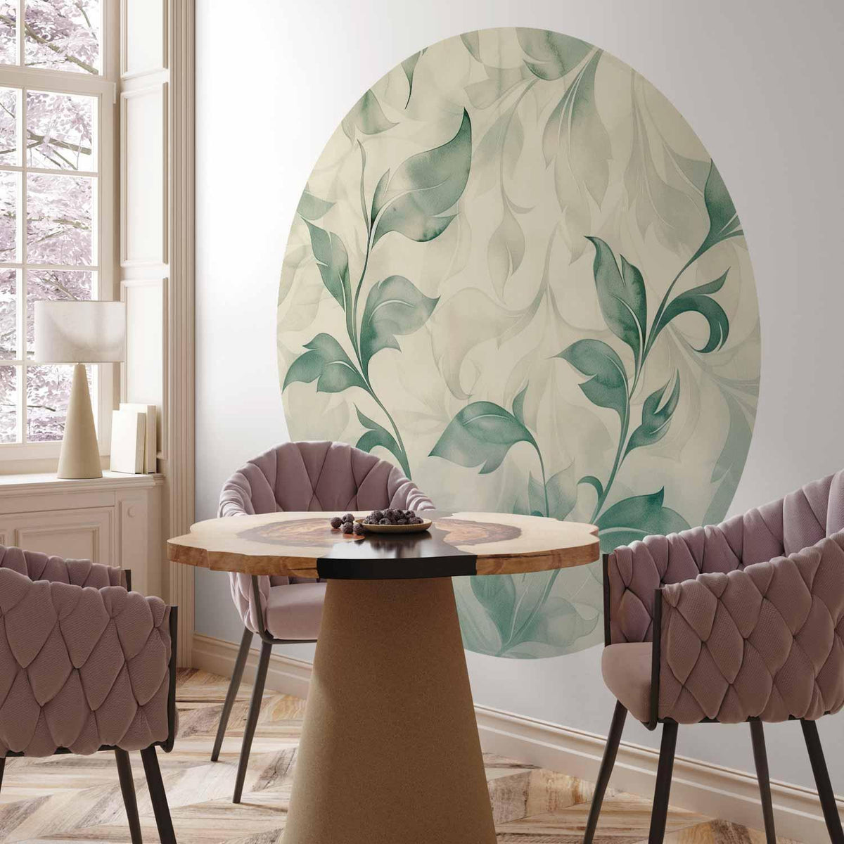 Fototapete Grüne und Beige Blätter Aquarell – Rund