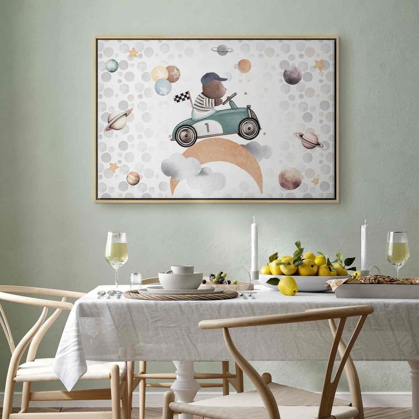 Leinwandbild - Galactic Races - A Bear Participating in Car Races Among Planets Clouds and Stars in Pastel Hues Artgeist