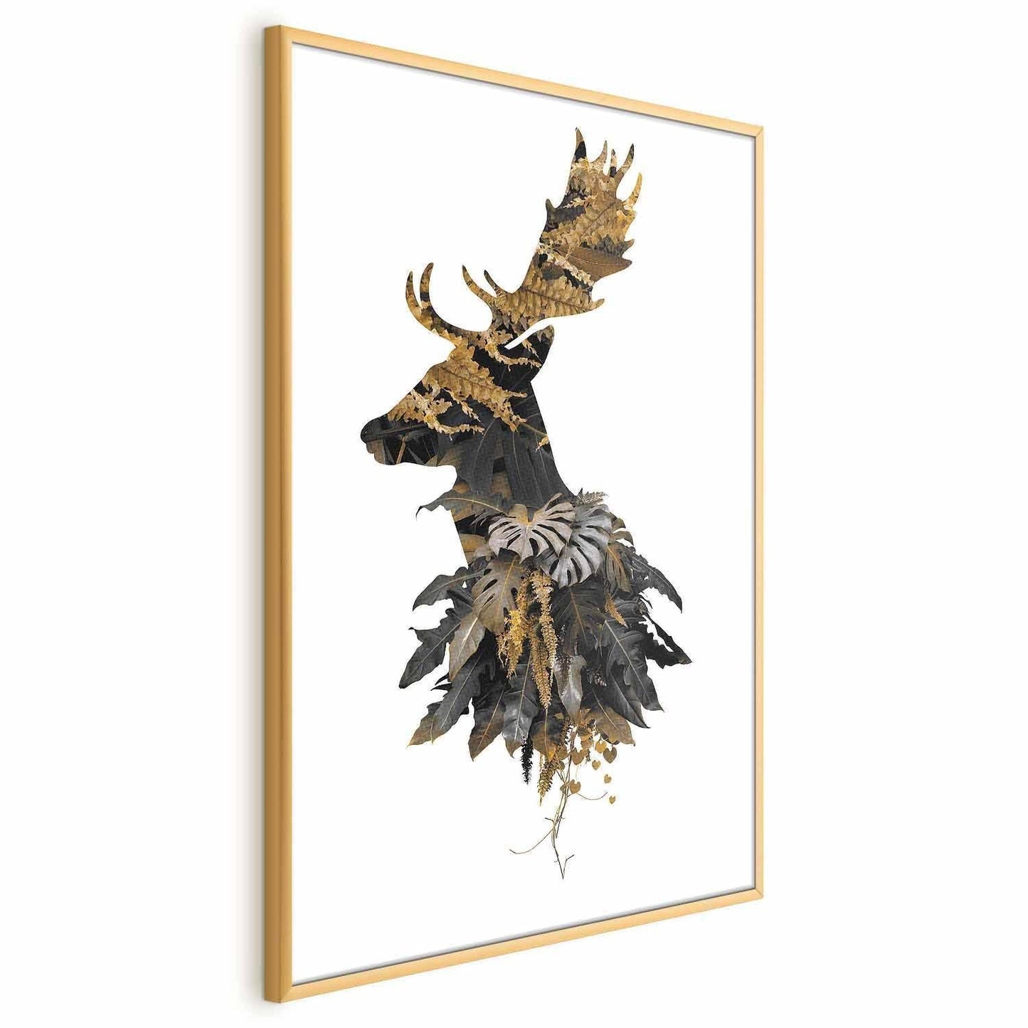 Poster - Forest Deer in gold frame, featuring artistic deer silhouette with botanical elements.
