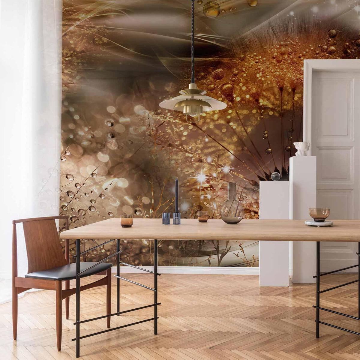 Fototapete Goldene Pusteblumen - Aquarell Botanik auf Beige