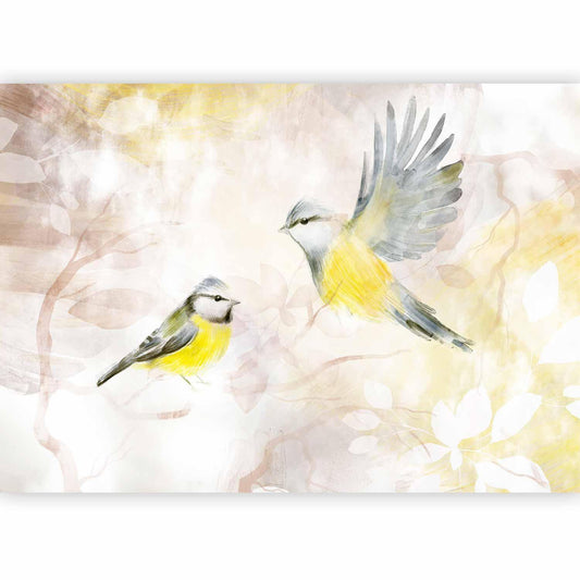 Fototapete - Painted tits - bird motif with patterns in yellow and beige tones