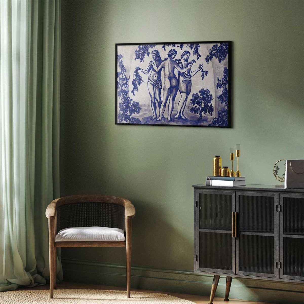Poster - Ancient Vineyard - three women in a portal painted in blue ink