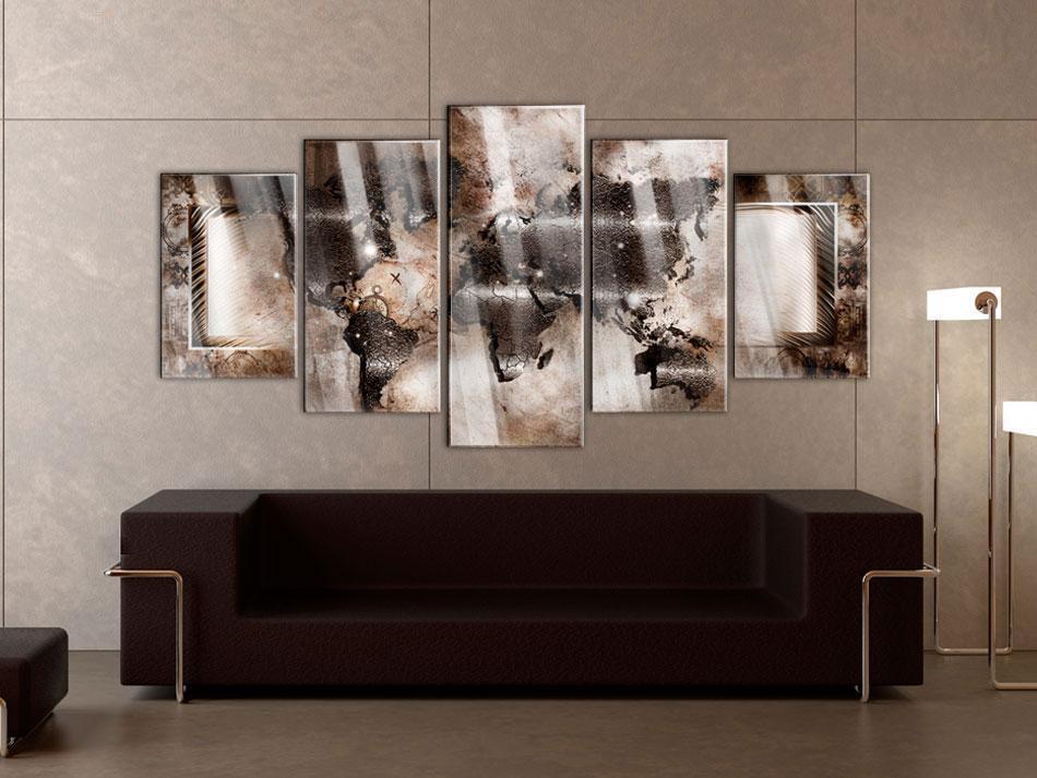 Wandbild Platin-Weltkarte – 5-teiliges Acrylglasbild mit Weltkarte im Vintage-Look
