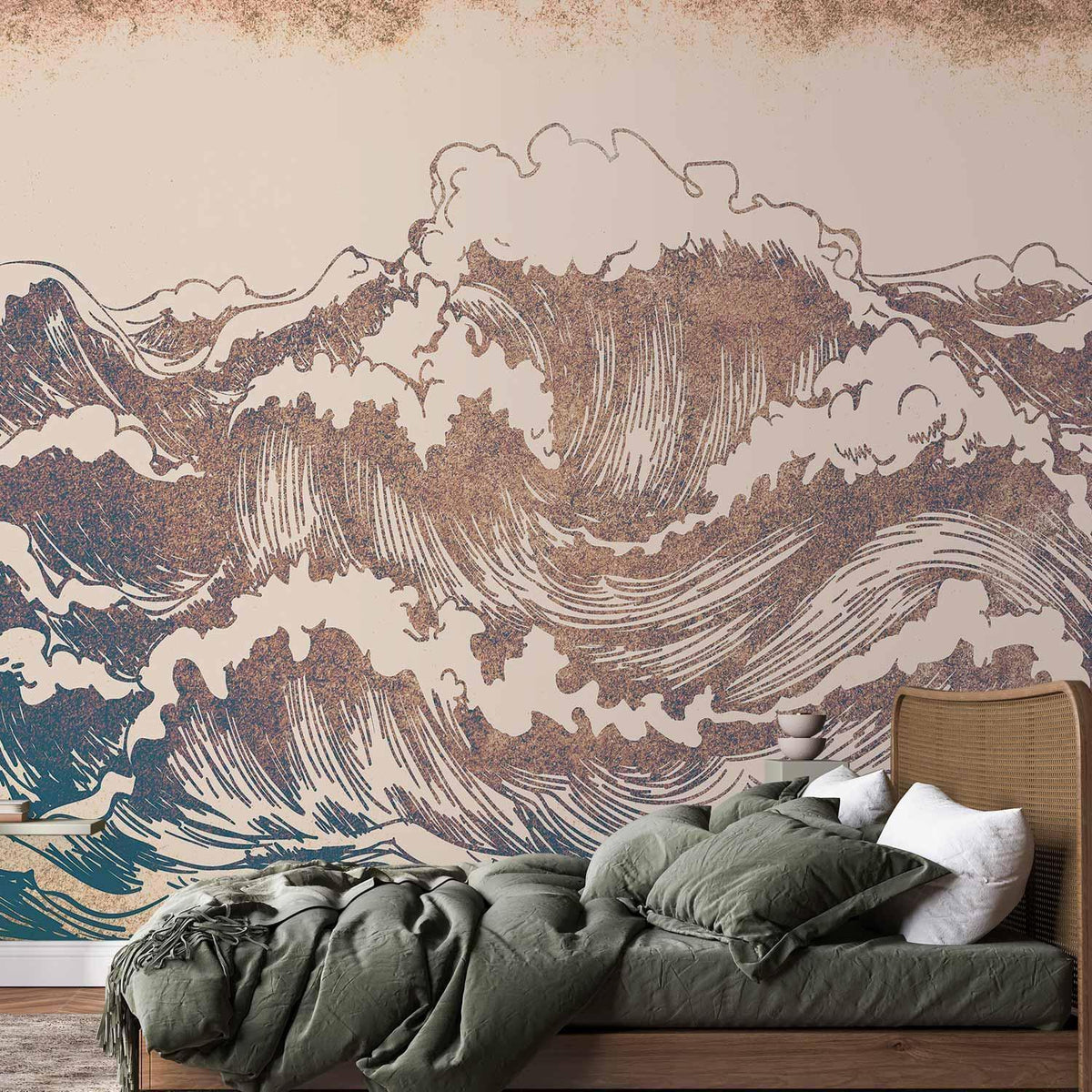 Fototapete Große Welle – japanischer Holzschnitt-Stil in Bronze und Teal