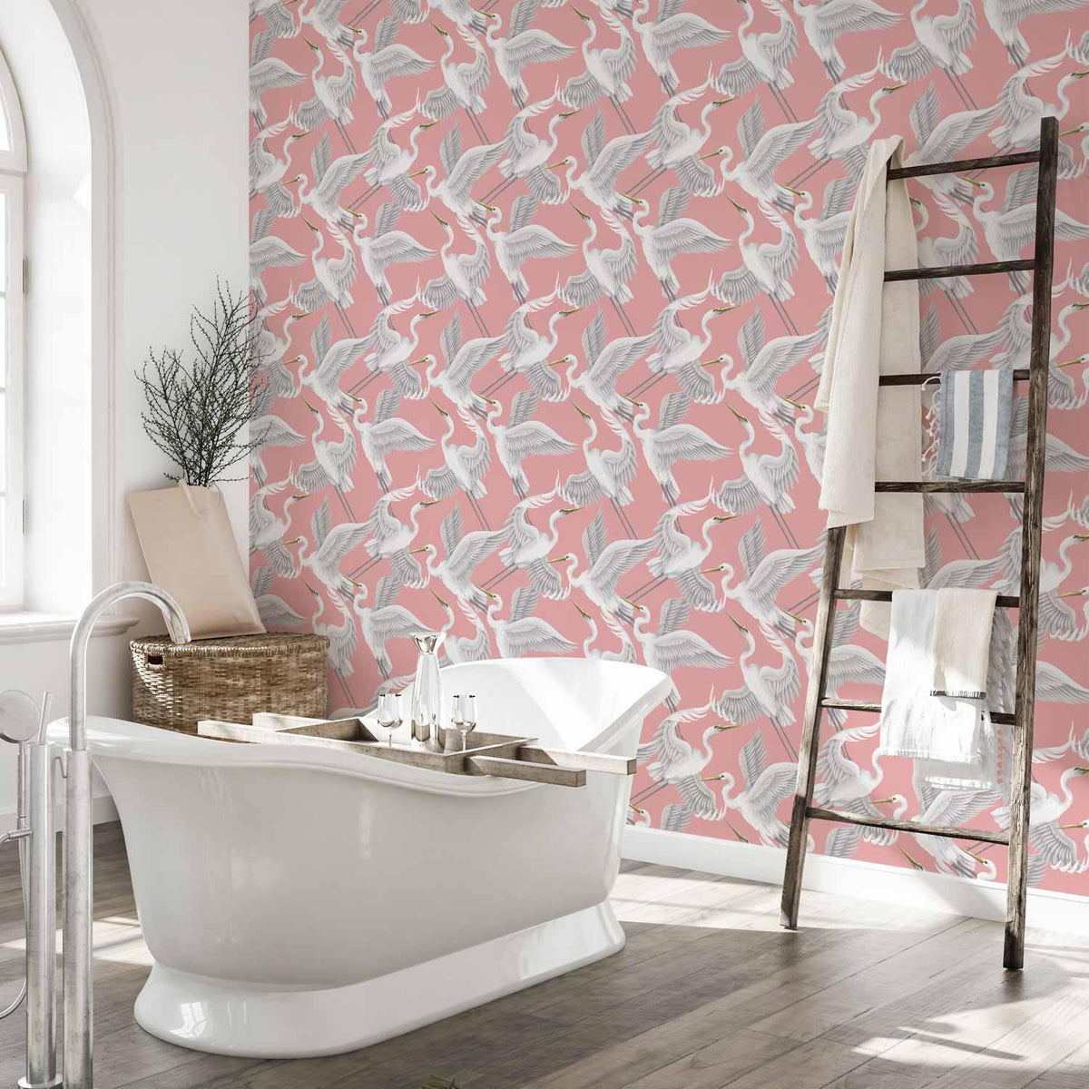 Tapete - Pastel birds – a delicate pattern of white and grey herons on a light pink background