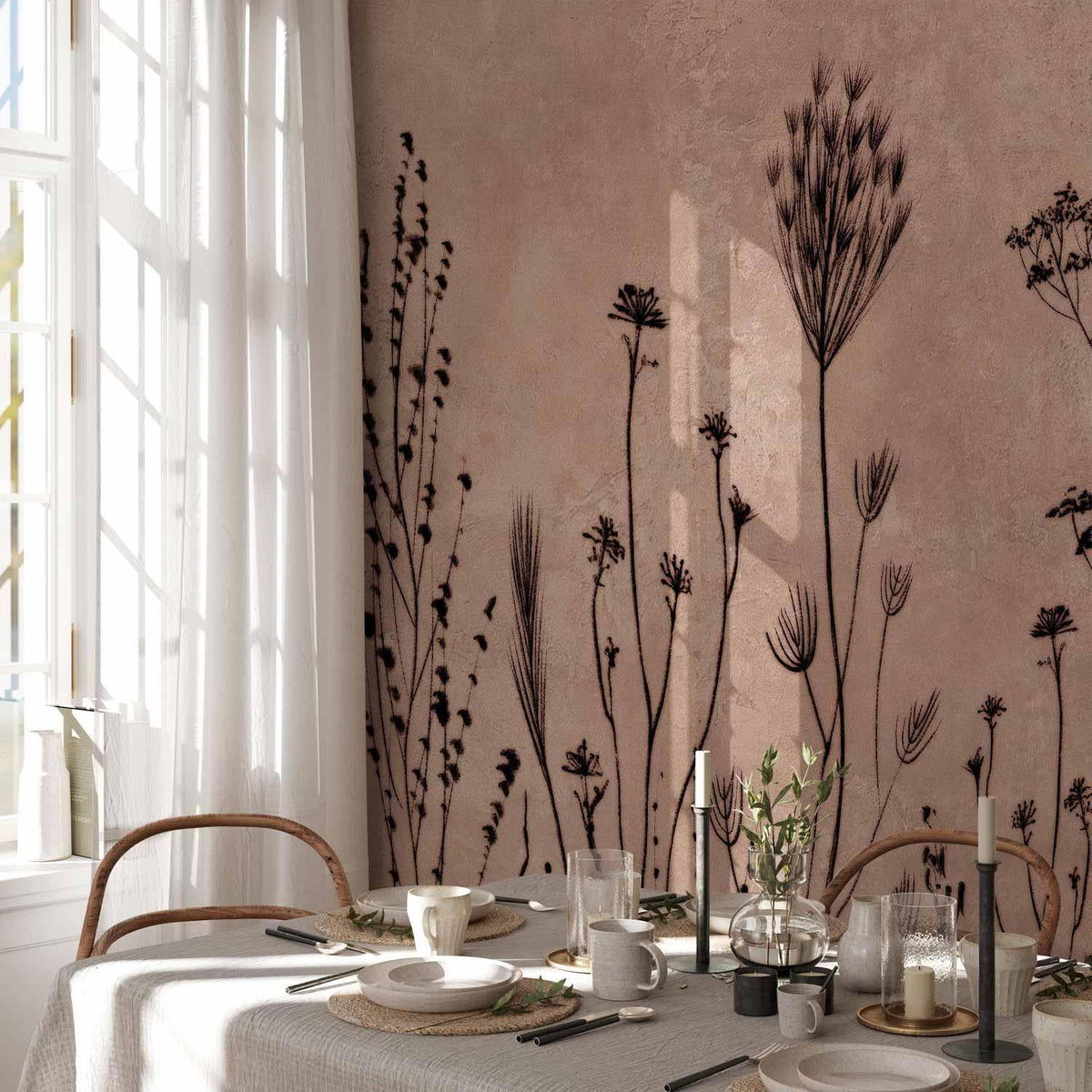 Fototapete Wildblumen – Botanische Silhouetten auf Hellbraun