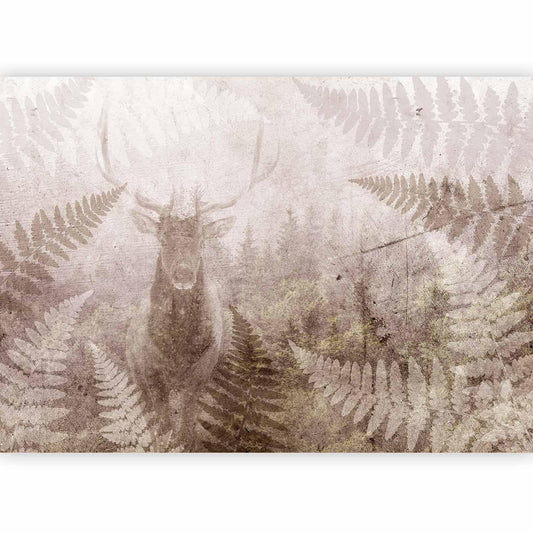 Fototapete - Forest motif - deer with antlers among fern leaves on concrete pattern