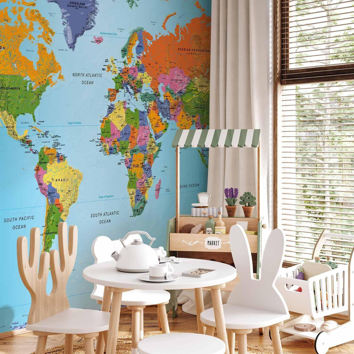 Fototapete Weltkarte Bunt - Moderne Geografie mit Kontinenten und Ozeanen