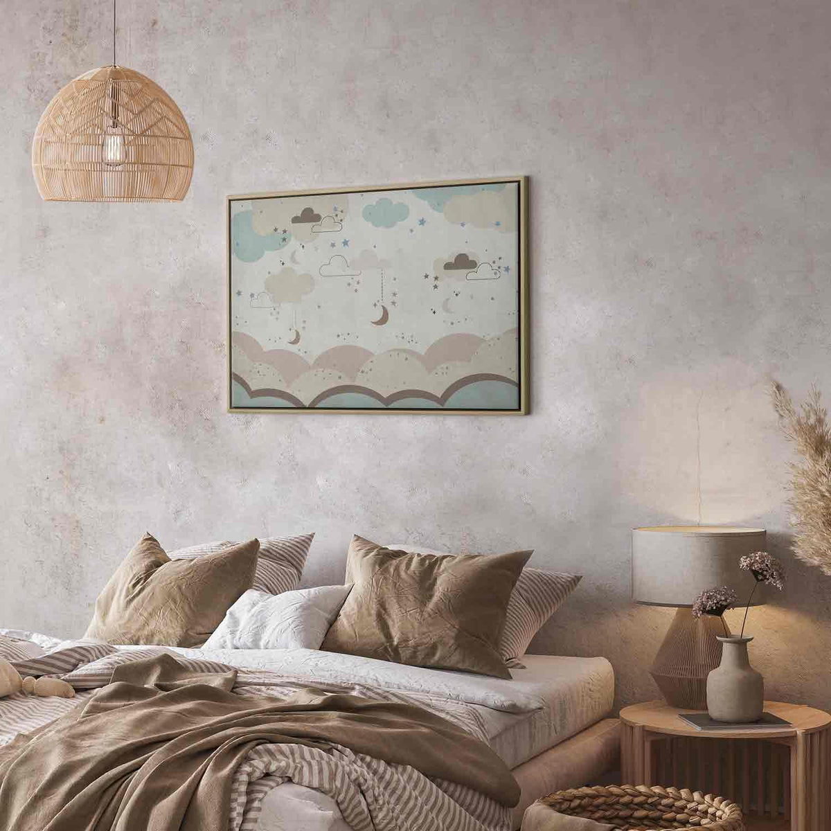 Leinwandbild - Cloudy Night Sky - Moons in Brown and Beige Hues Among Clouds and Numerous Little Stars on a Light Background
