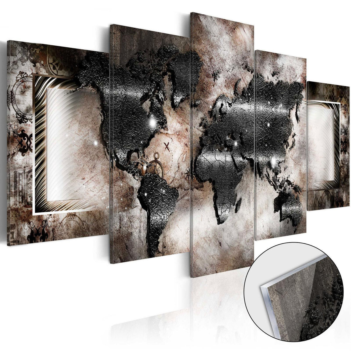 Wandbild Graphit-Weltkarte – 5-teiliges Acrylglasbild mit schwarzer Weltkarte im Vintage-Look