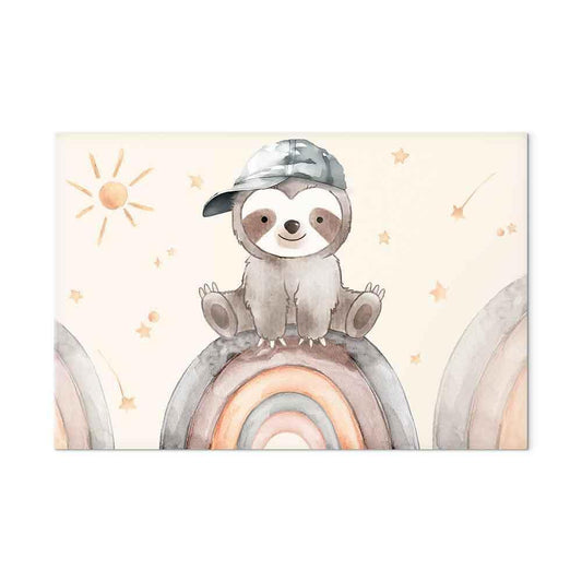 Leinwandbild - Happy Sloth - Sloth in Subdued Colors Wearing a Cap Sitting on a Rainbow Among Little Stars