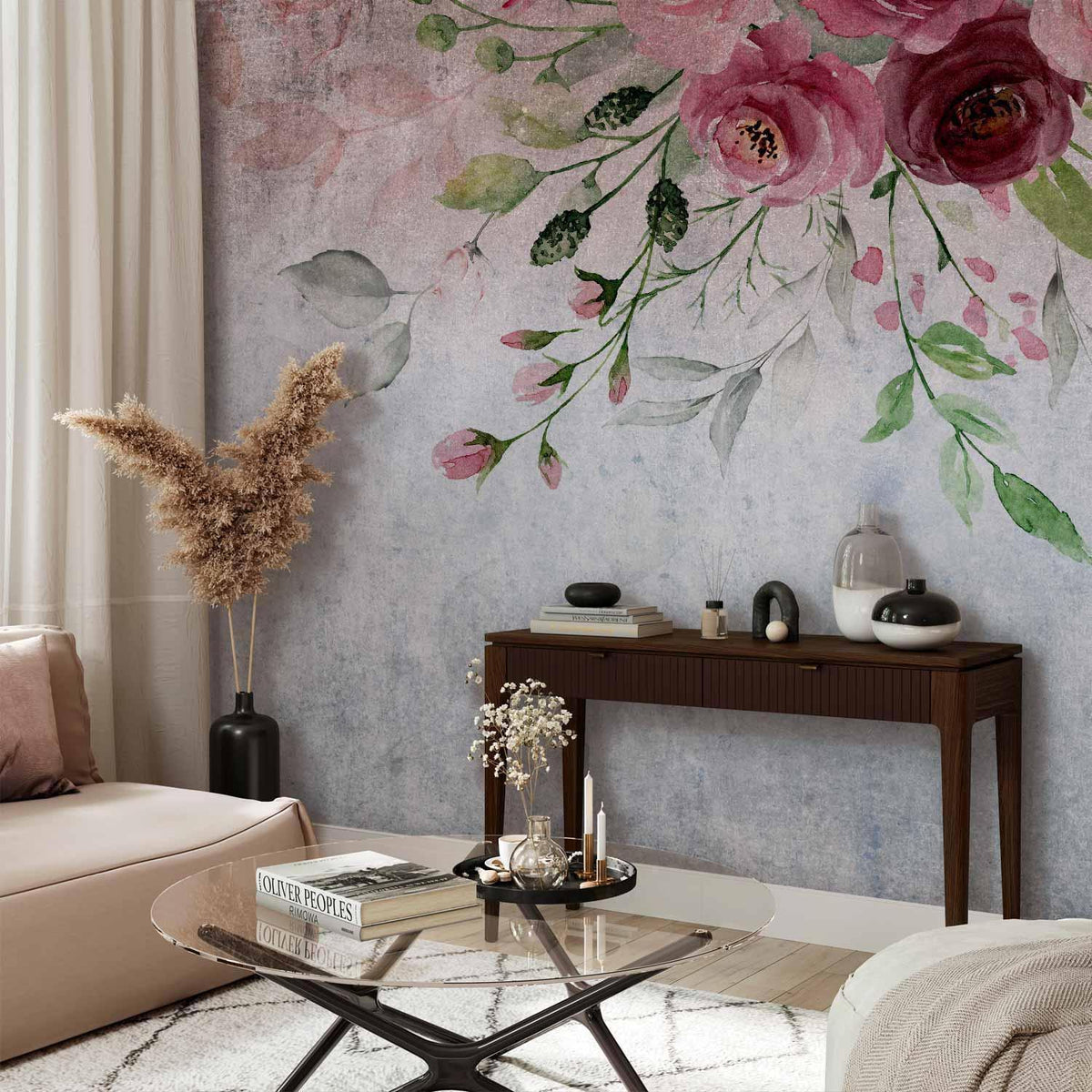 Fototapete - Summer bloom - plant motif with flowers and leaves in pink tones