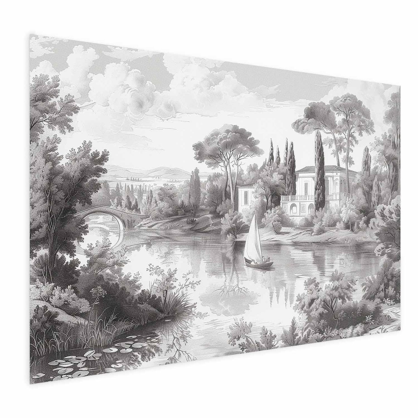 Poster - Black-and-White Vintage Landscape with a Pond Artgeist