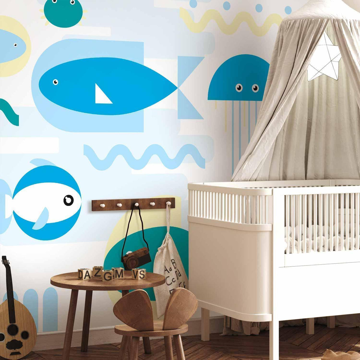 Fototapete Tiere im Meer – Geometrische blaue Fische für Kinderzimmer
