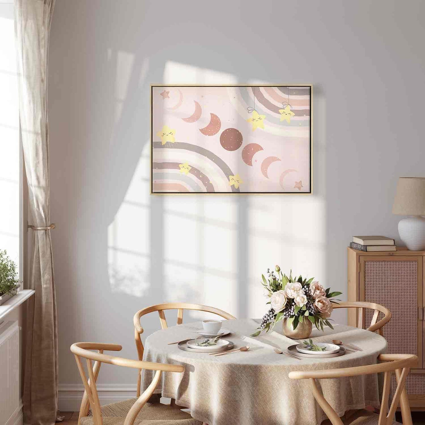 Leinwandbild - Joyful Sky - Yellow Cheerful Stars with a Rainbow Against the Phases of the Moon in a Light Beige Sky Hue Artgeist