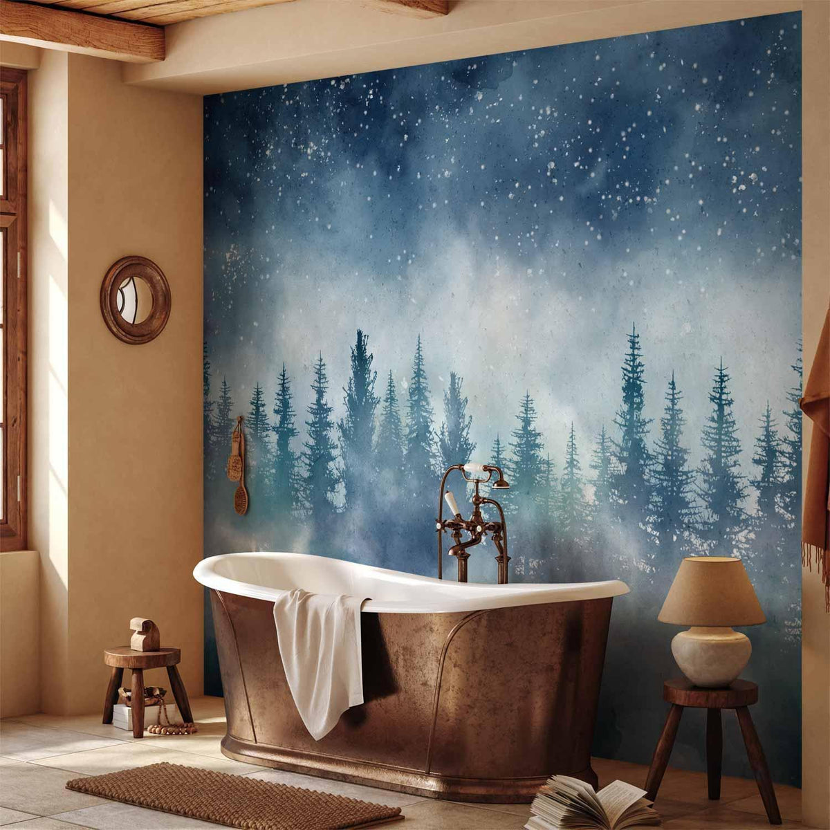 Fototapete - Night landscape - landscape of a misty forest at night with a starry sky