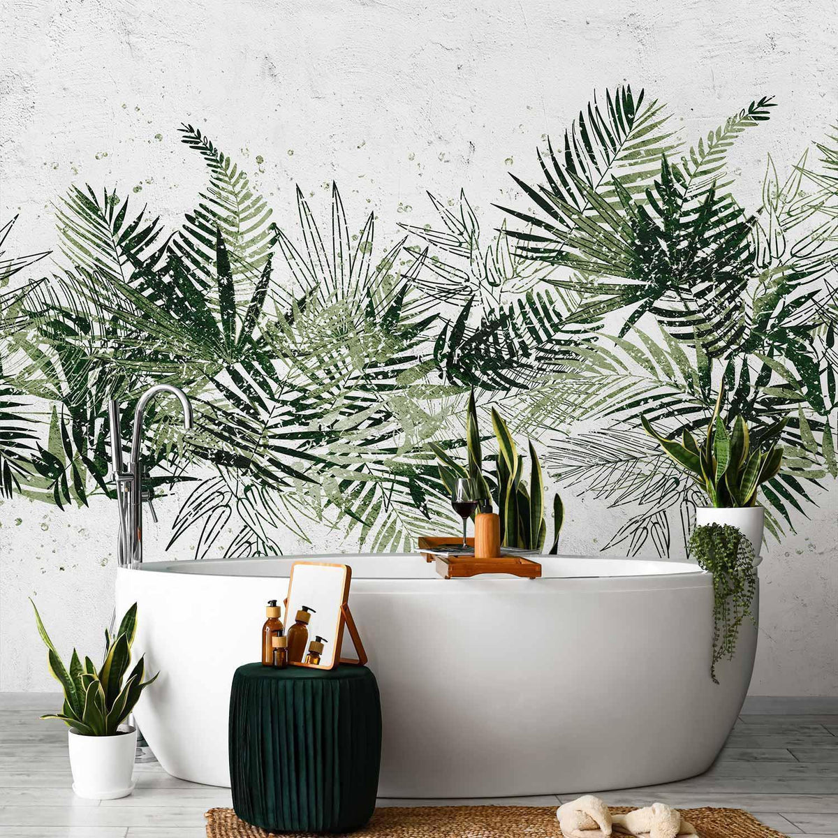 Fototapete - Jungle and green plume - large tropical leaves on a white background