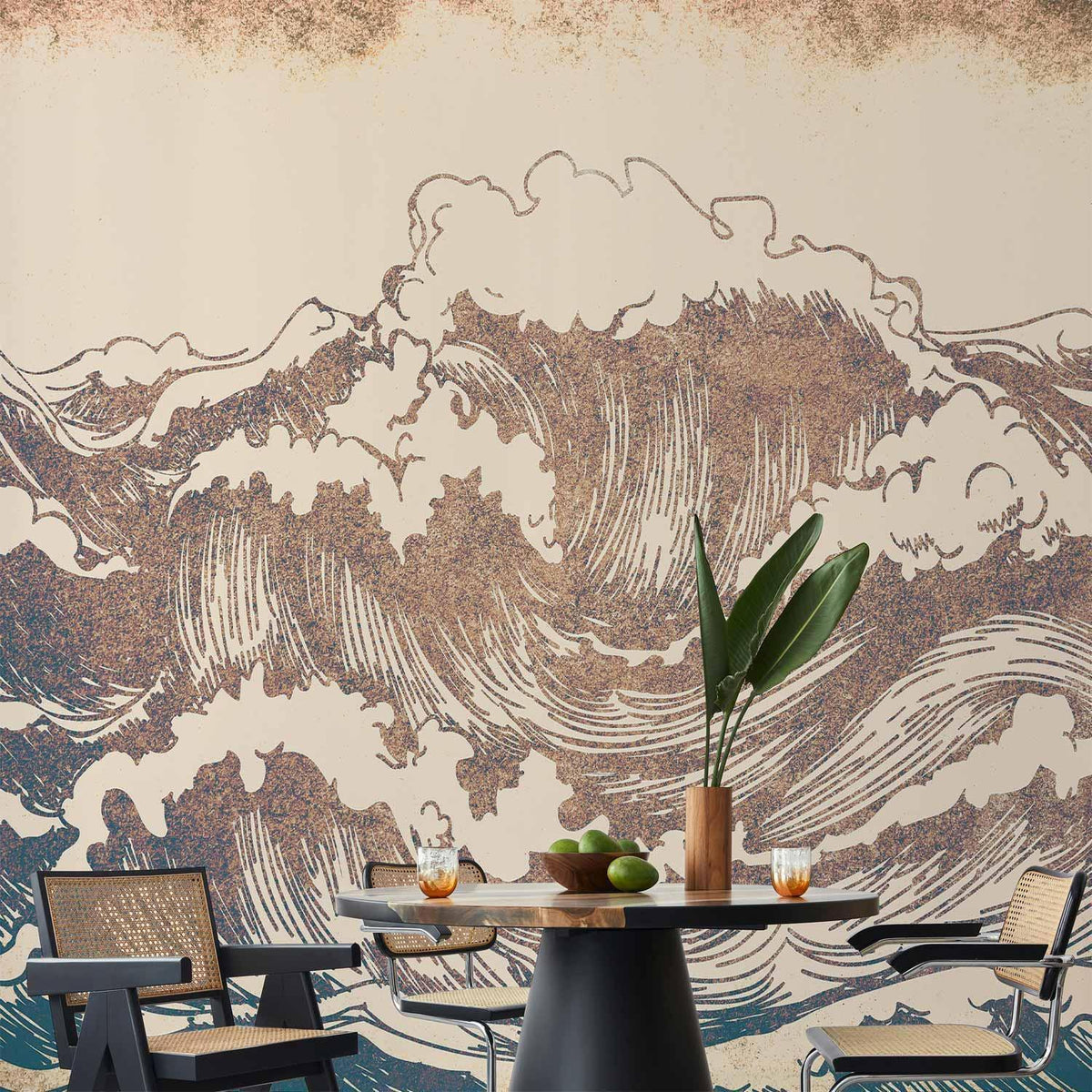Fototapete Große Welle – japanischer Holzschnitt-Stil in Bronze und Teal
