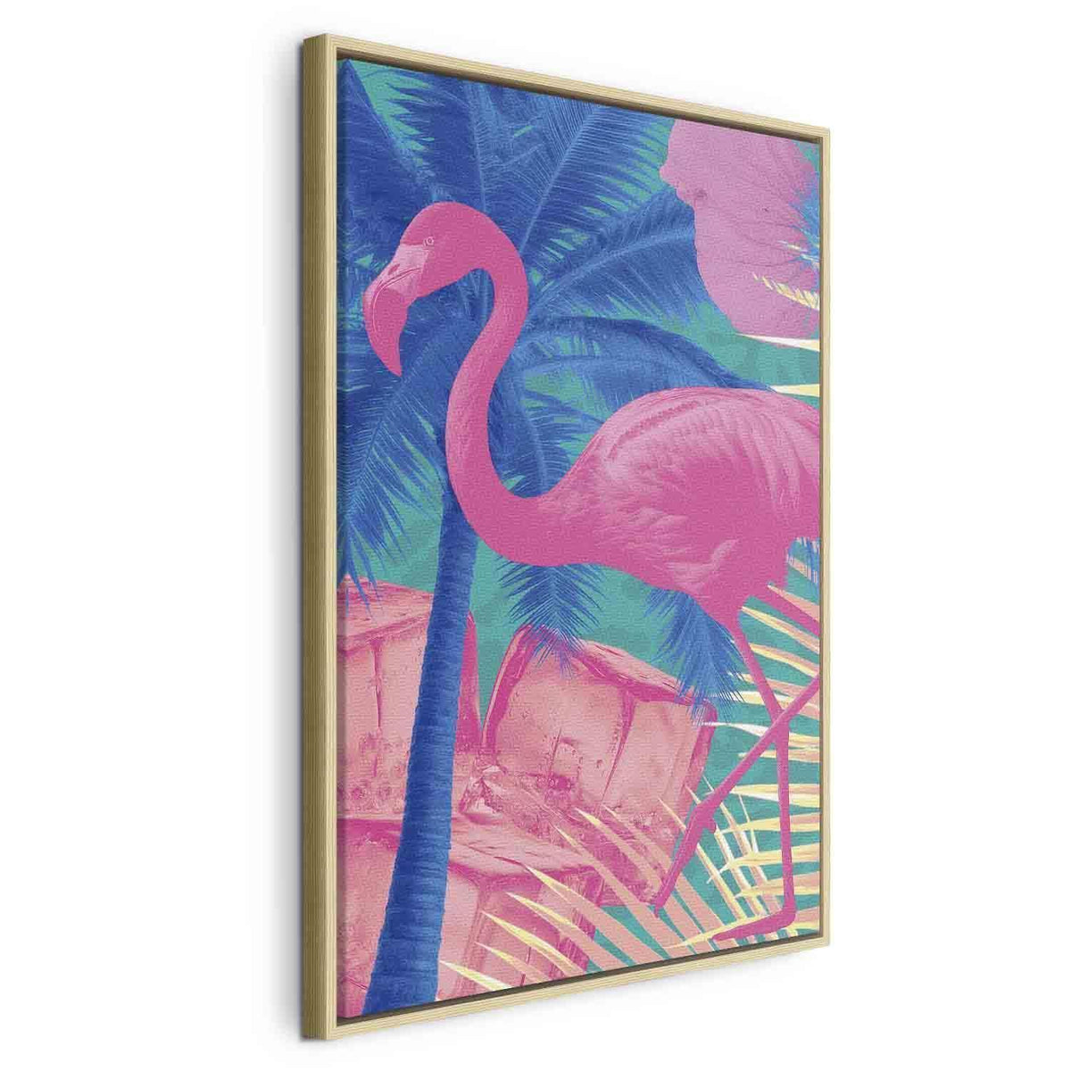 Leinwandbild - Pink Flamingo - Abstract Flamingo Against Palms and Ice Cubes