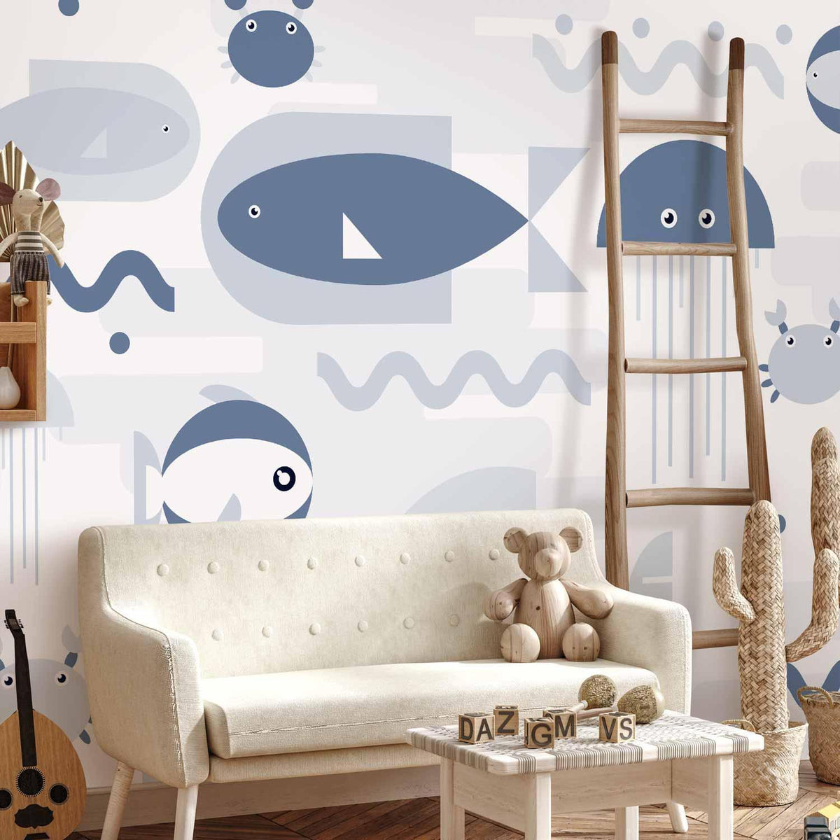 Fototapete - Minimalist ocean - geometric fish and crabs in water for kids