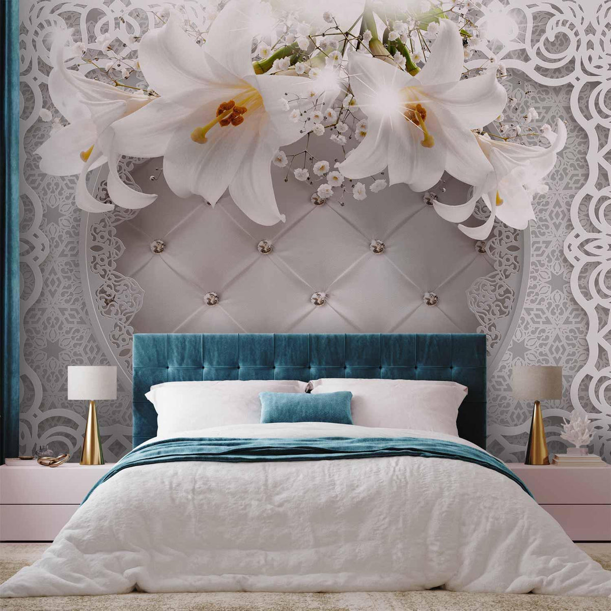 Fototapete - Lilies and Quilted Background