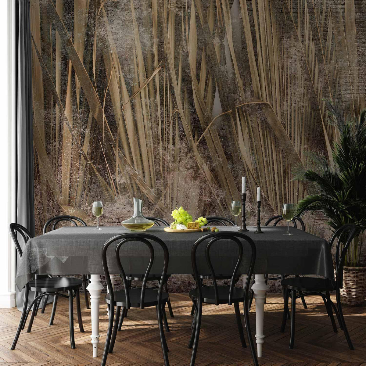Fototapete - Dry leaves - landscape of tall grasses in boho style with paint patterns