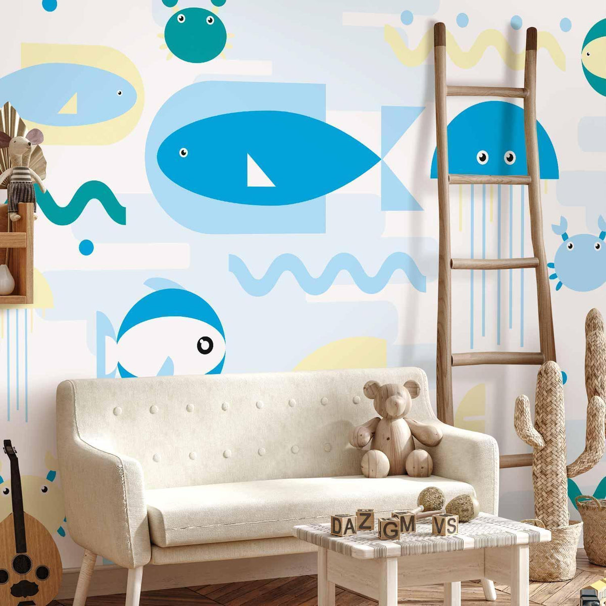 Fototapete Tiere im Meer – Geometrische blaue Fische für Kinderzimmer