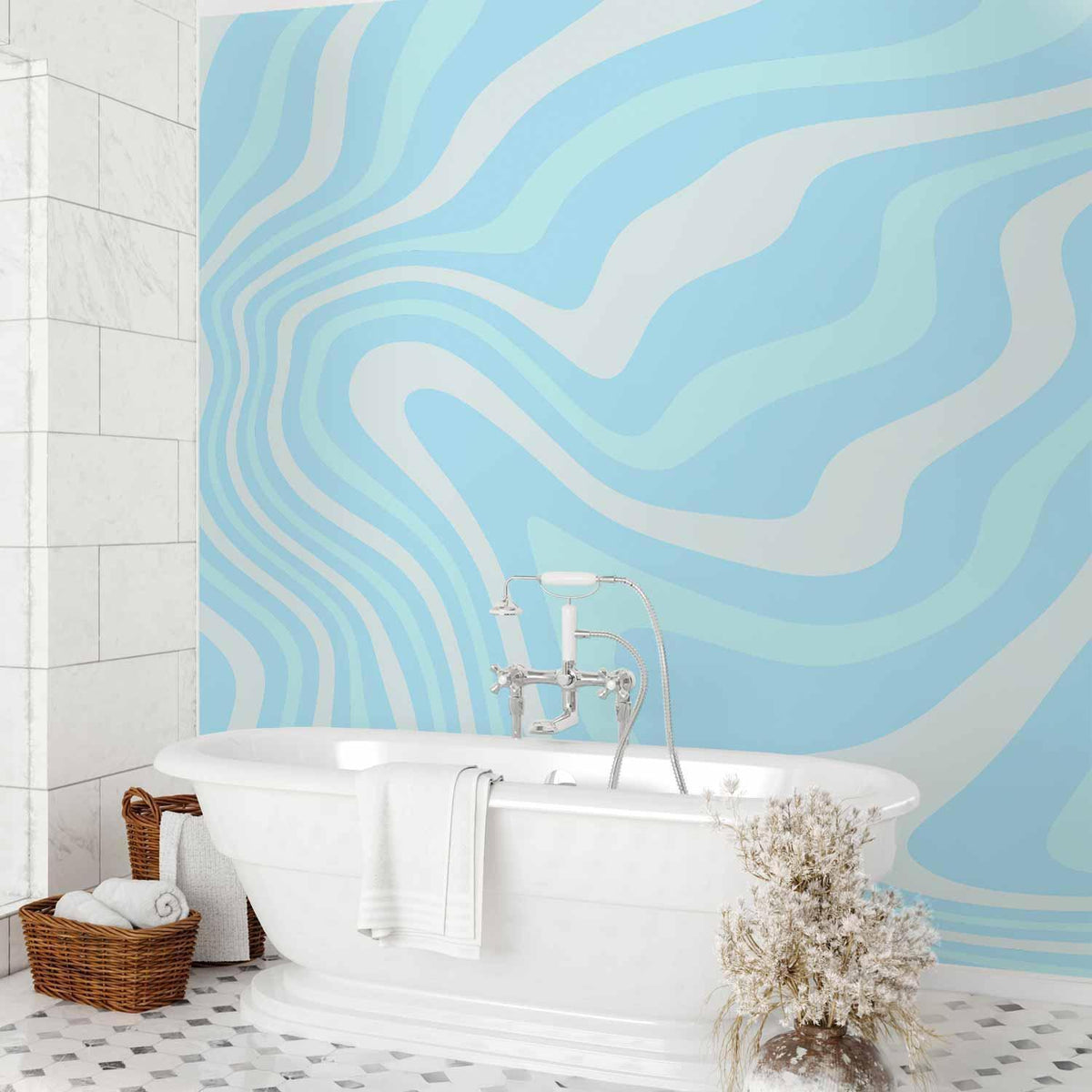 Fototapete - Composition in Blues and Whites - Harmonious Abstract Waves in a Cool Color Tone