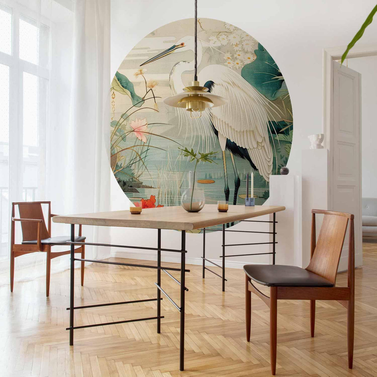 Runde Fototapete - By an Asian pond - an illustration in the style of a Japanese engraving, depicting a heron