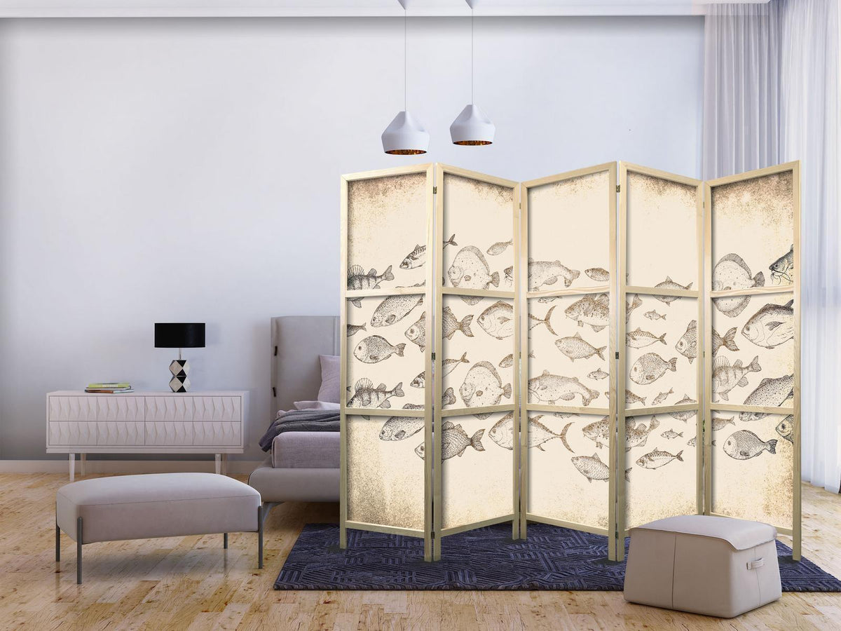 Japanischer Paravent - Sketch of a School of Fish - Sketches of Various Species of Fish Swimming in a School on a Beige Background in Vintage Style