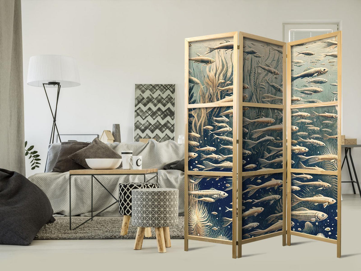 Japanischer Paravent - Life in the Ocean - Underwater World of Fish and Vegetation in Beige and Navy Retro Style