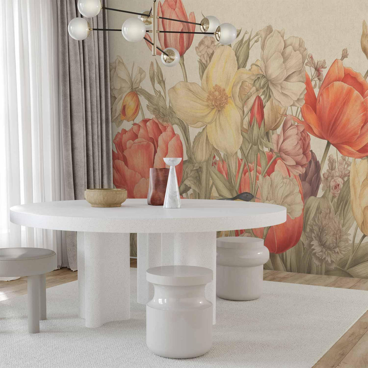 Fototapete Blumenstrauß Beige – Zarte Blüten für Wohnzimmer & Schlafzimmer