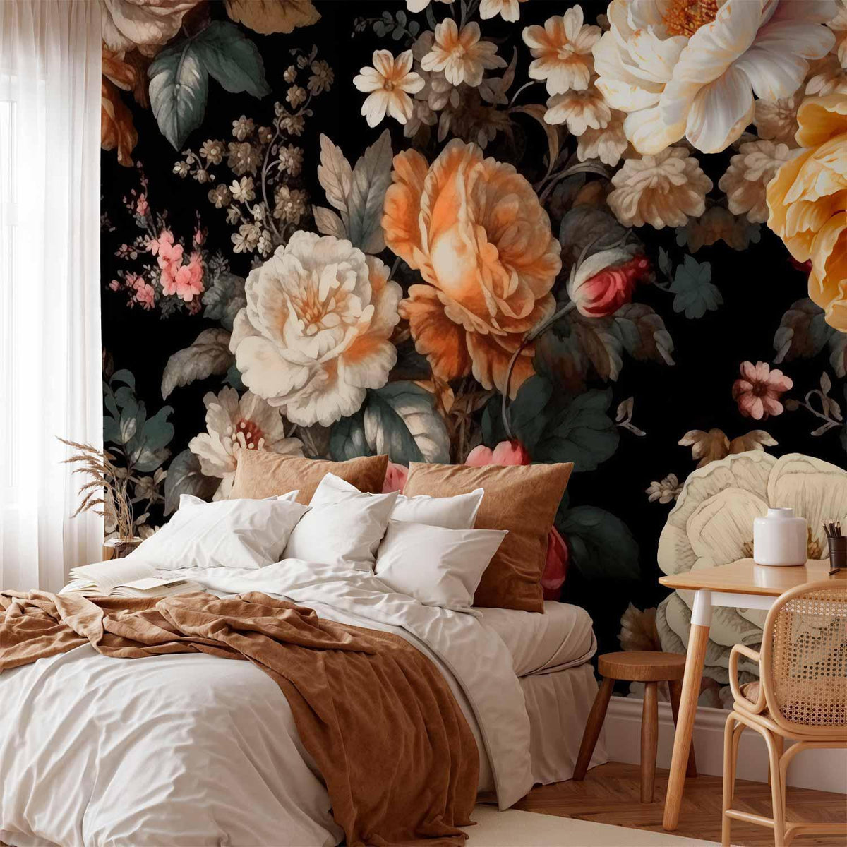 Fototapete Blumen auf Schwarz – Üppige Blüten im flämischen Stil