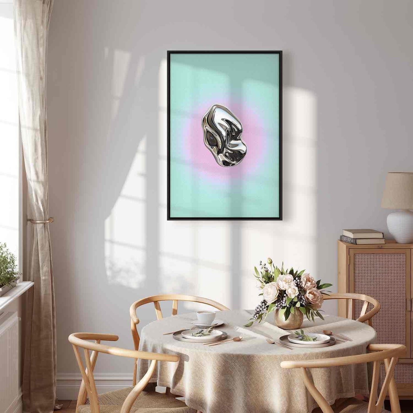 Leinwandbild - Metallic Form - Abstract Sculpture on a Mint Background with a Purple Halo Artgeist
