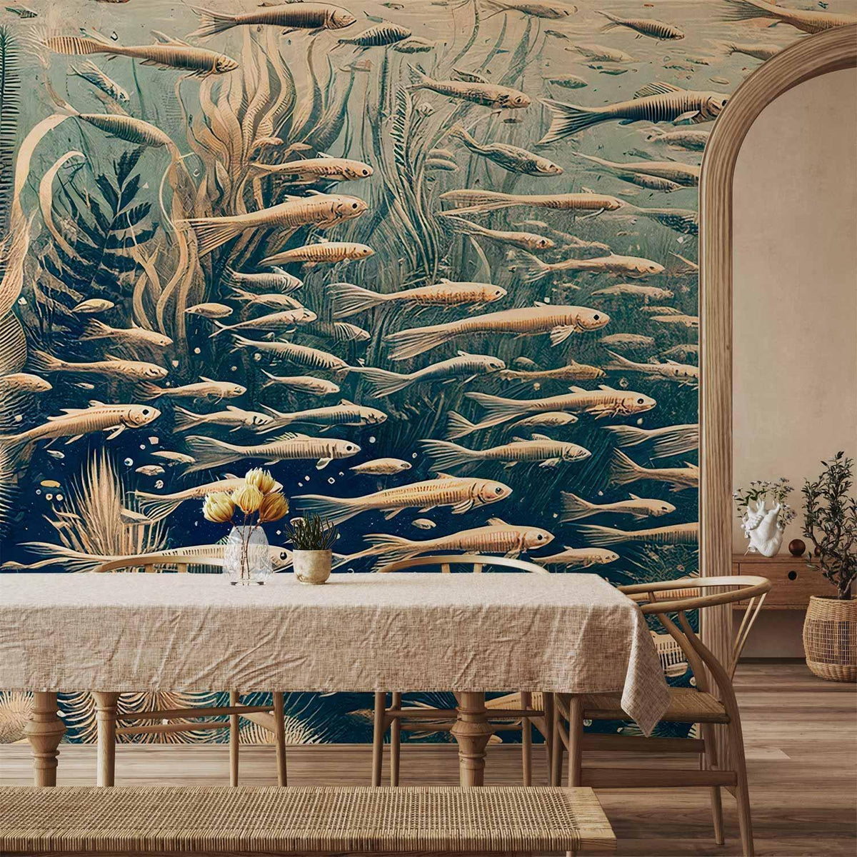 Fototapete Meeresbiologie – Fischschwarm im Vintage-Kupferstich-Stil