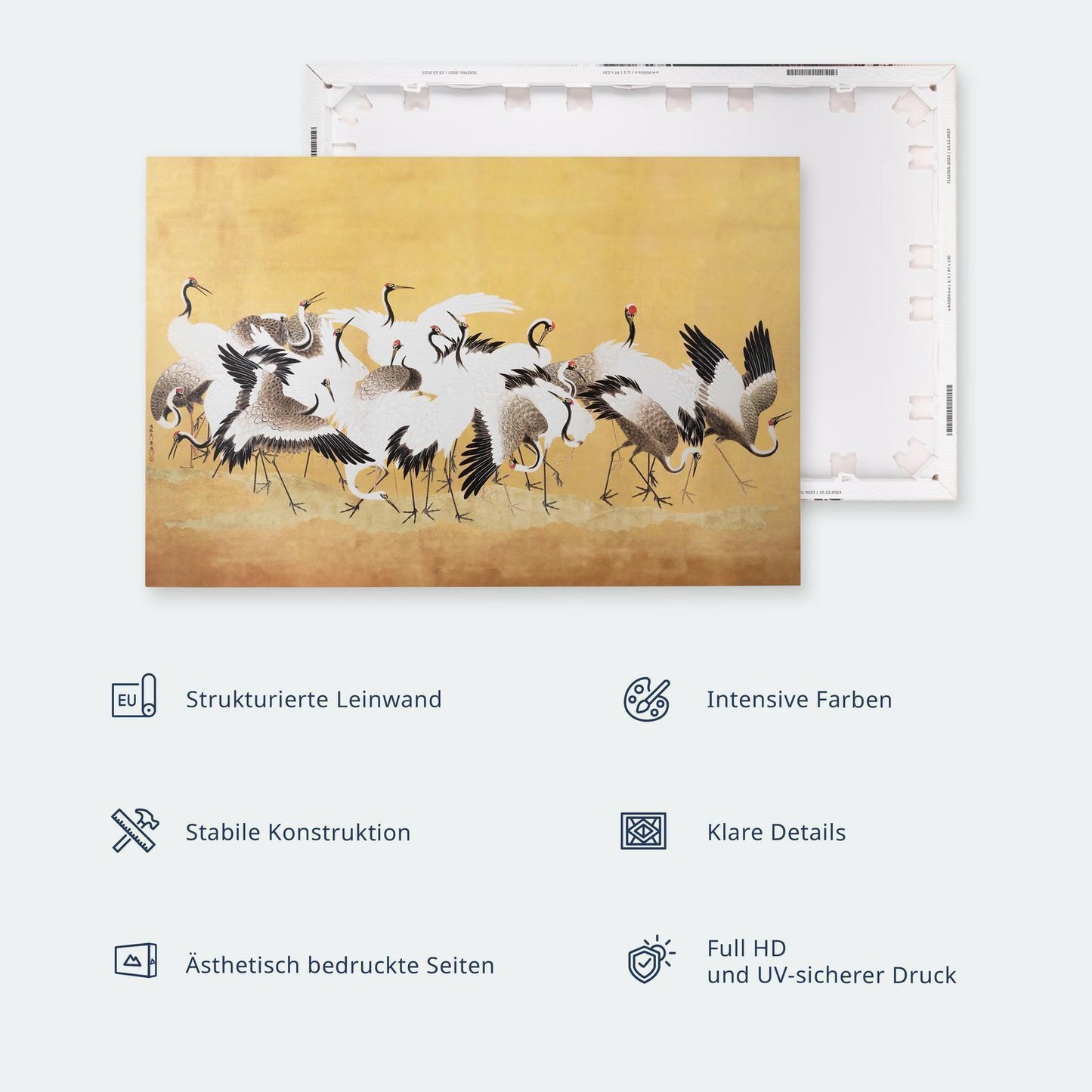 Wandbild XXL - Crane dance – bright silhouettes of birds against a warm grey background with texture