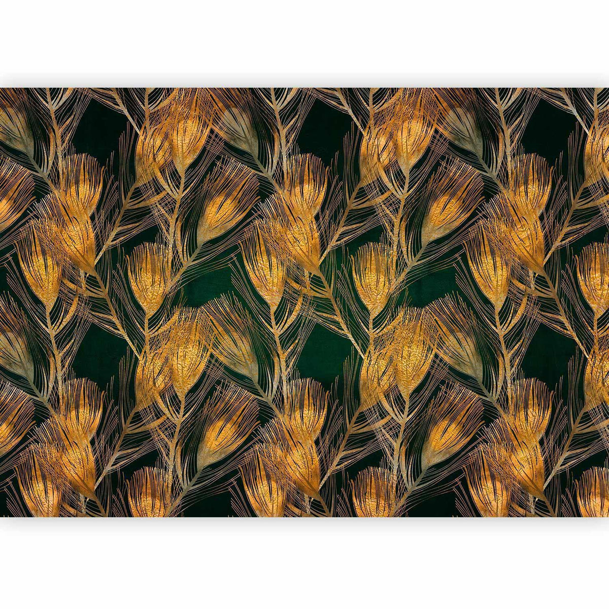 Fototapete - Golden peacock feathers - solid background with bird pattern on green background