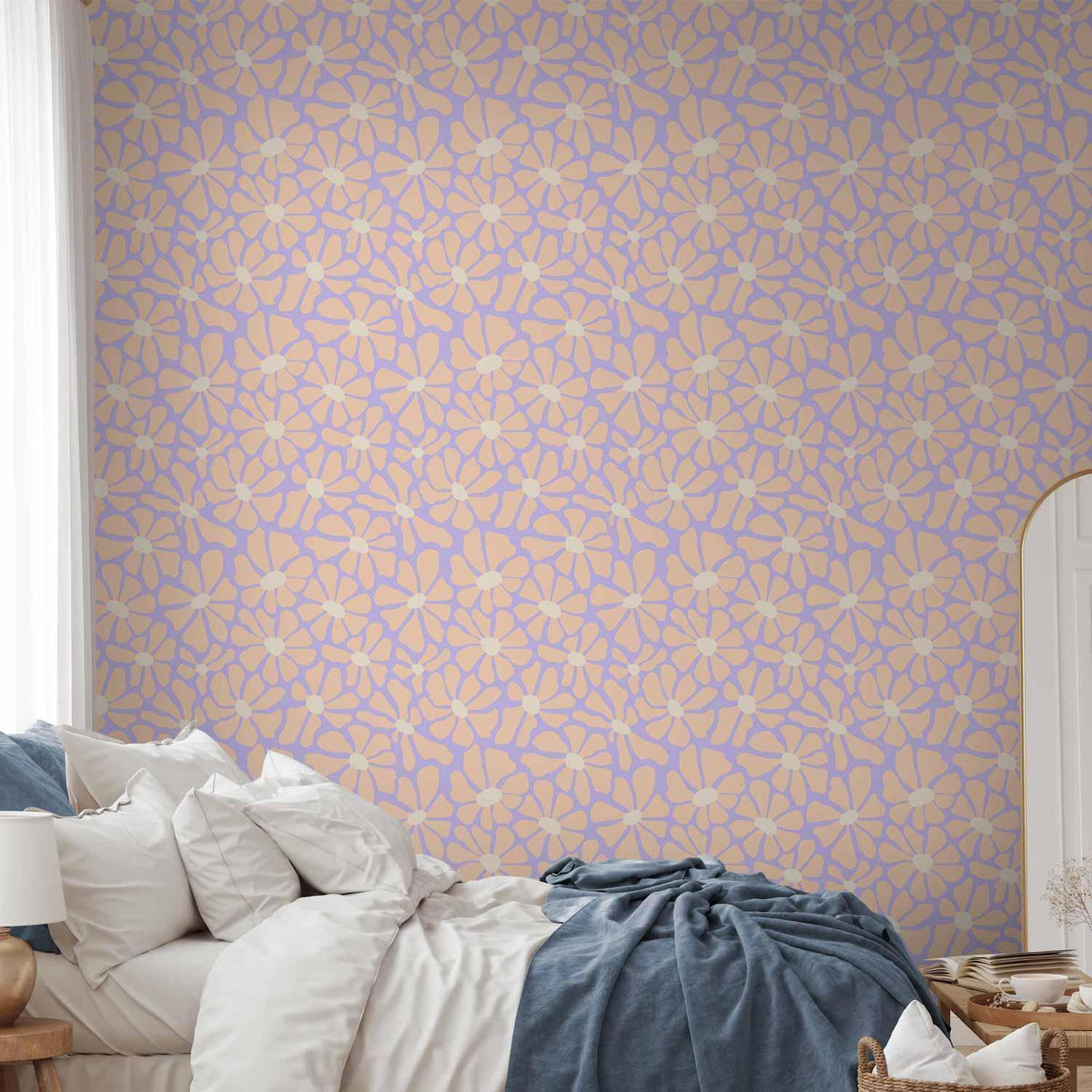 Tapete - Cute Light-Beige Little Flowers - Small flowers with beige - undulating petals on a blue background