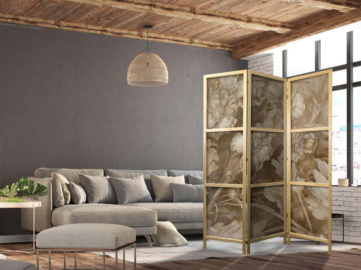 Japanischer Paravent - Carved Baroque Ornaments - Rich Composition in Sepia Colors