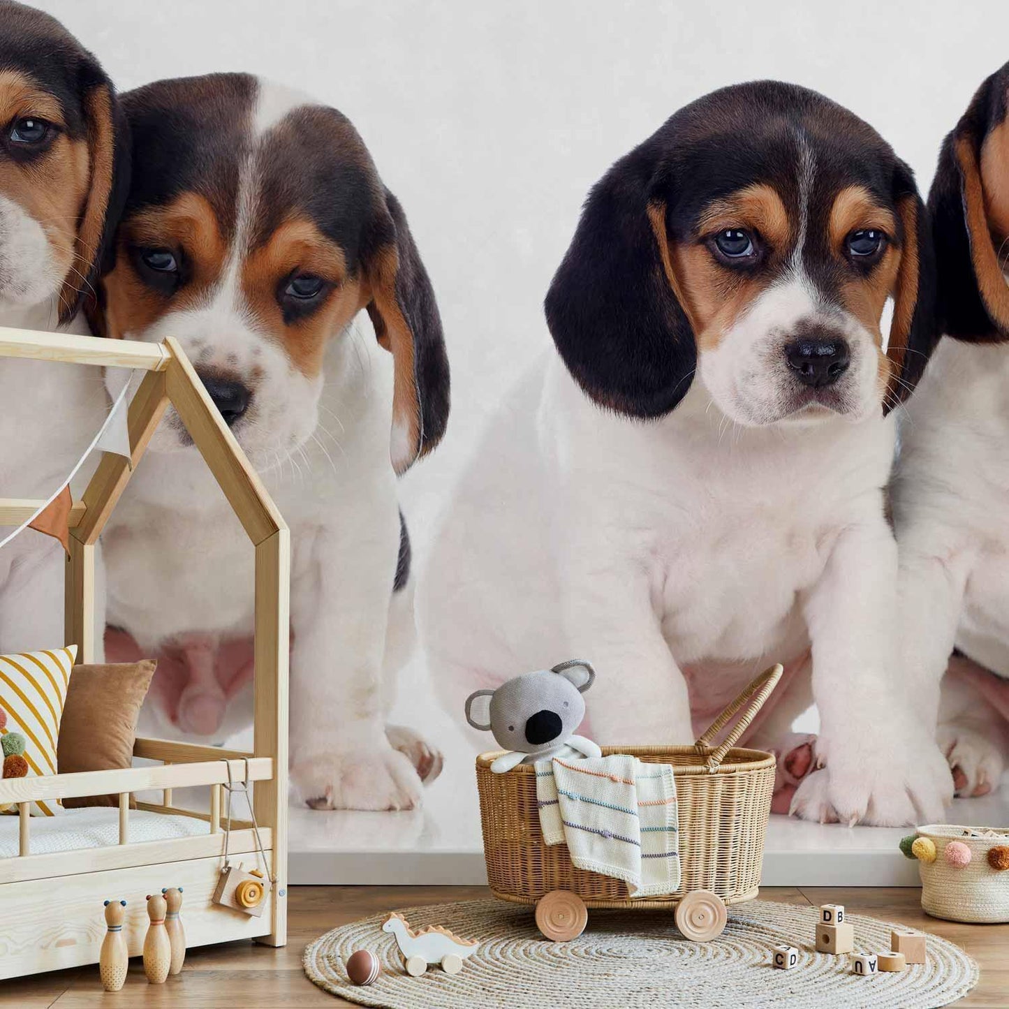 Fototapete „Sad Puppies“ – Süße Hundewelpen mit Herzblick