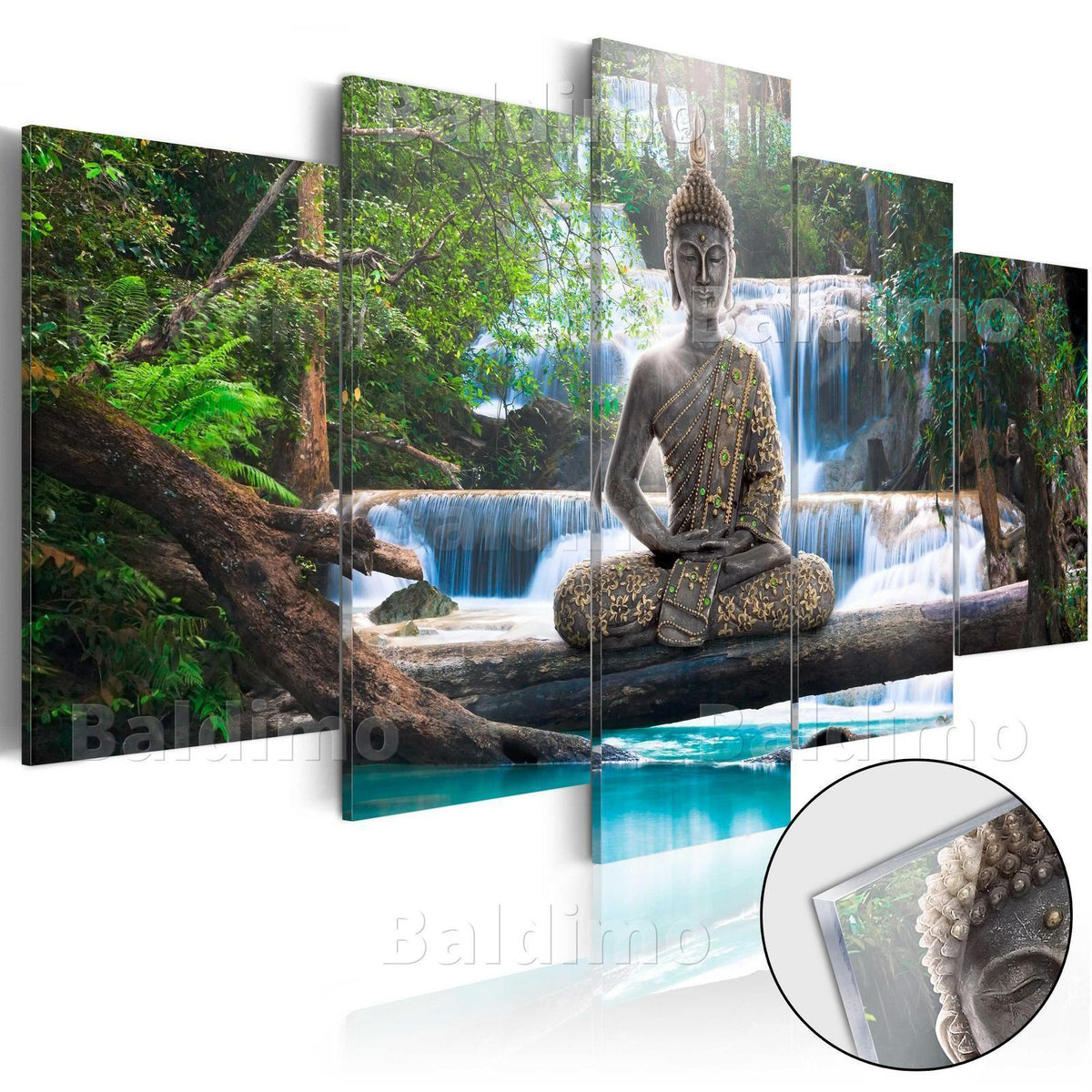 Wandbild Buddha und Wasserfall – 5-teiliges Acrylglasbild im Wald