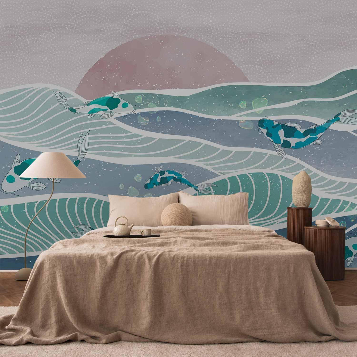 Fototapete Koi-Fische – Japanische Wellen in Teal und Rosa
