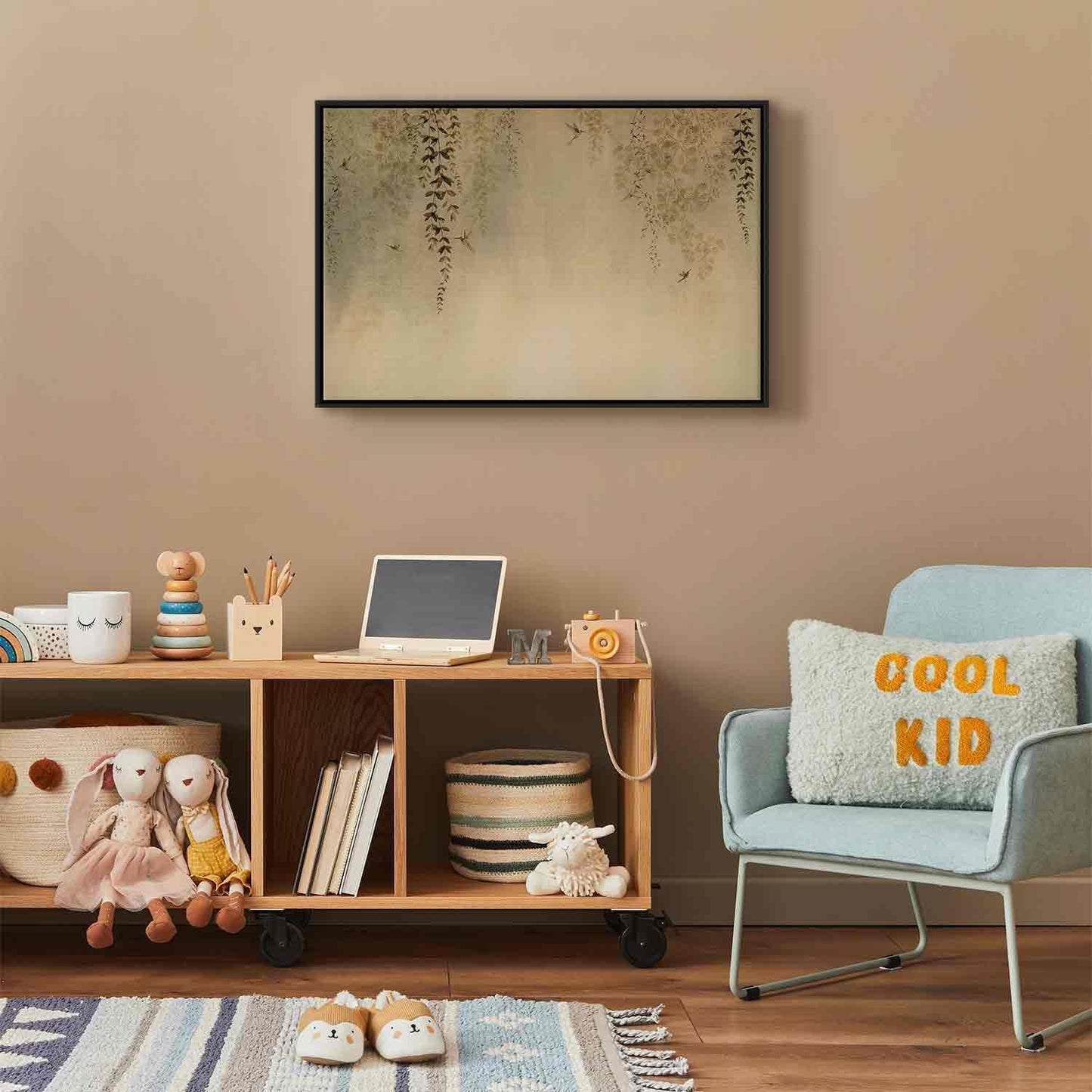 Leinwandbild - Spring Orchard - Hummingbirds Among Tree Branches in Beige Shades Artgeist