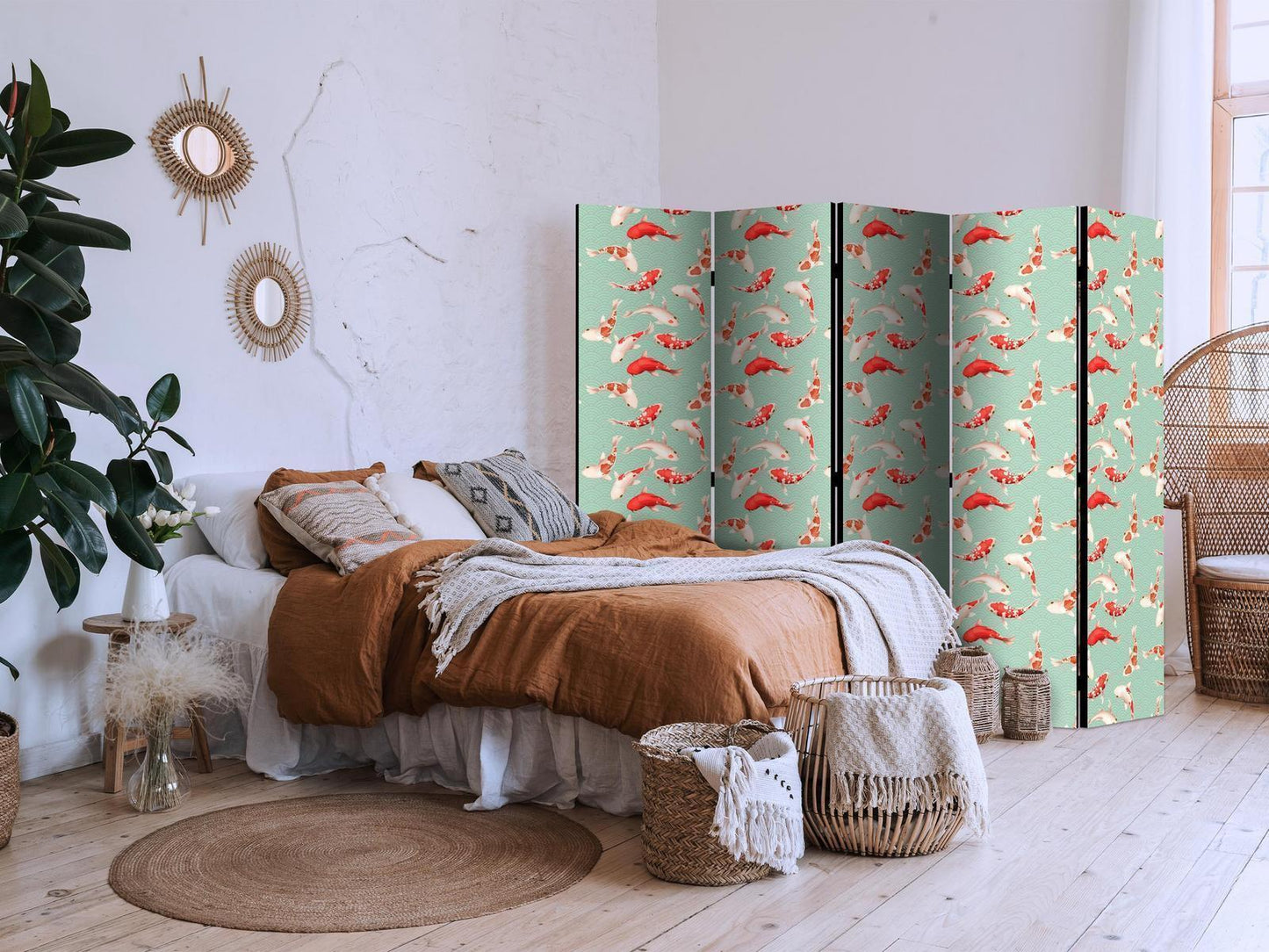Paravent - Fish And Japanese Pattern - Koi Fish in Orange-Cream Colors on a Green-Mint Background With An Oriental Pattern Artgeist