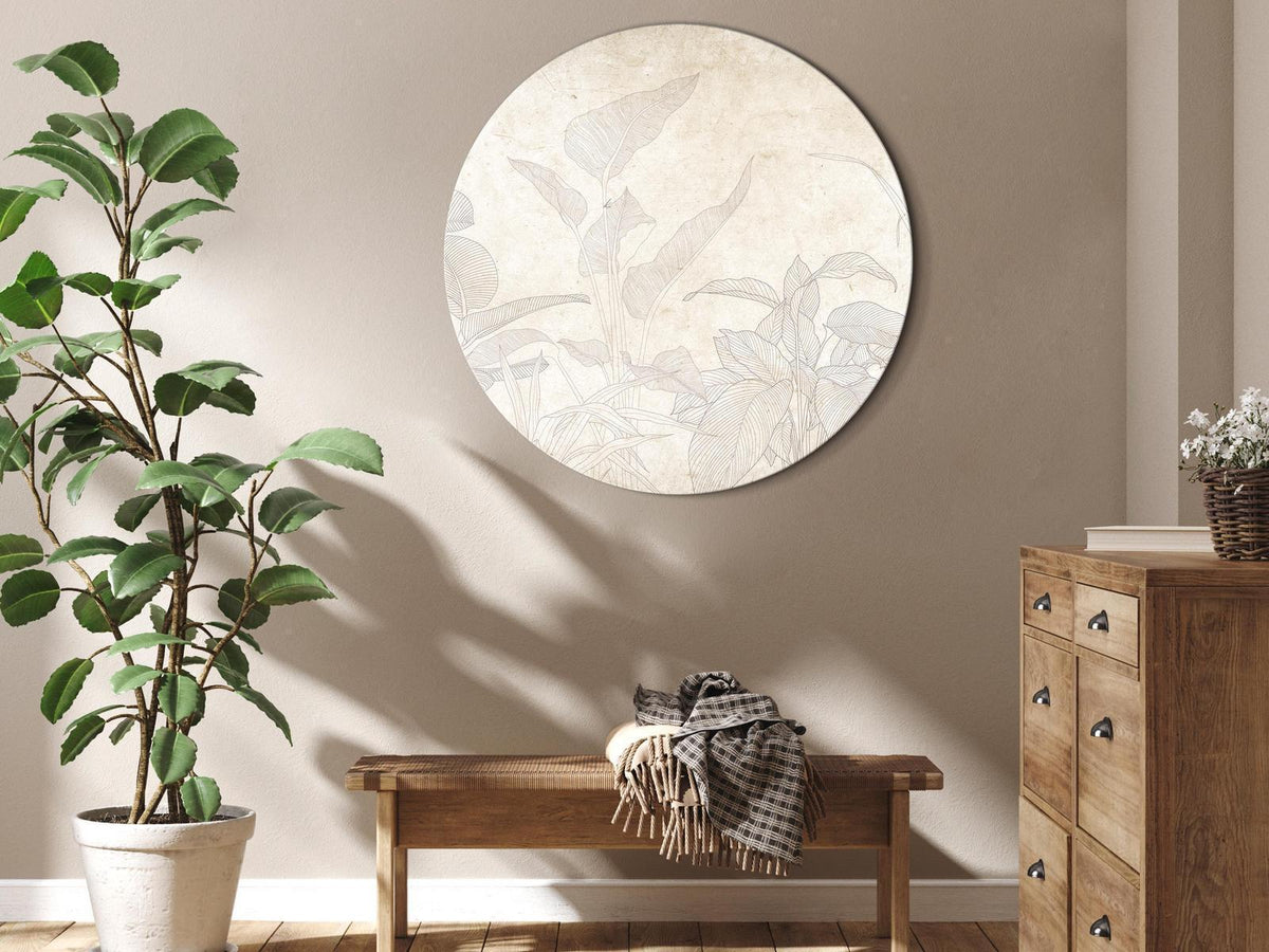 Rundes Bild - Muted exotic greenery - Delicate outlines of tropical shrubs on beige and sand background