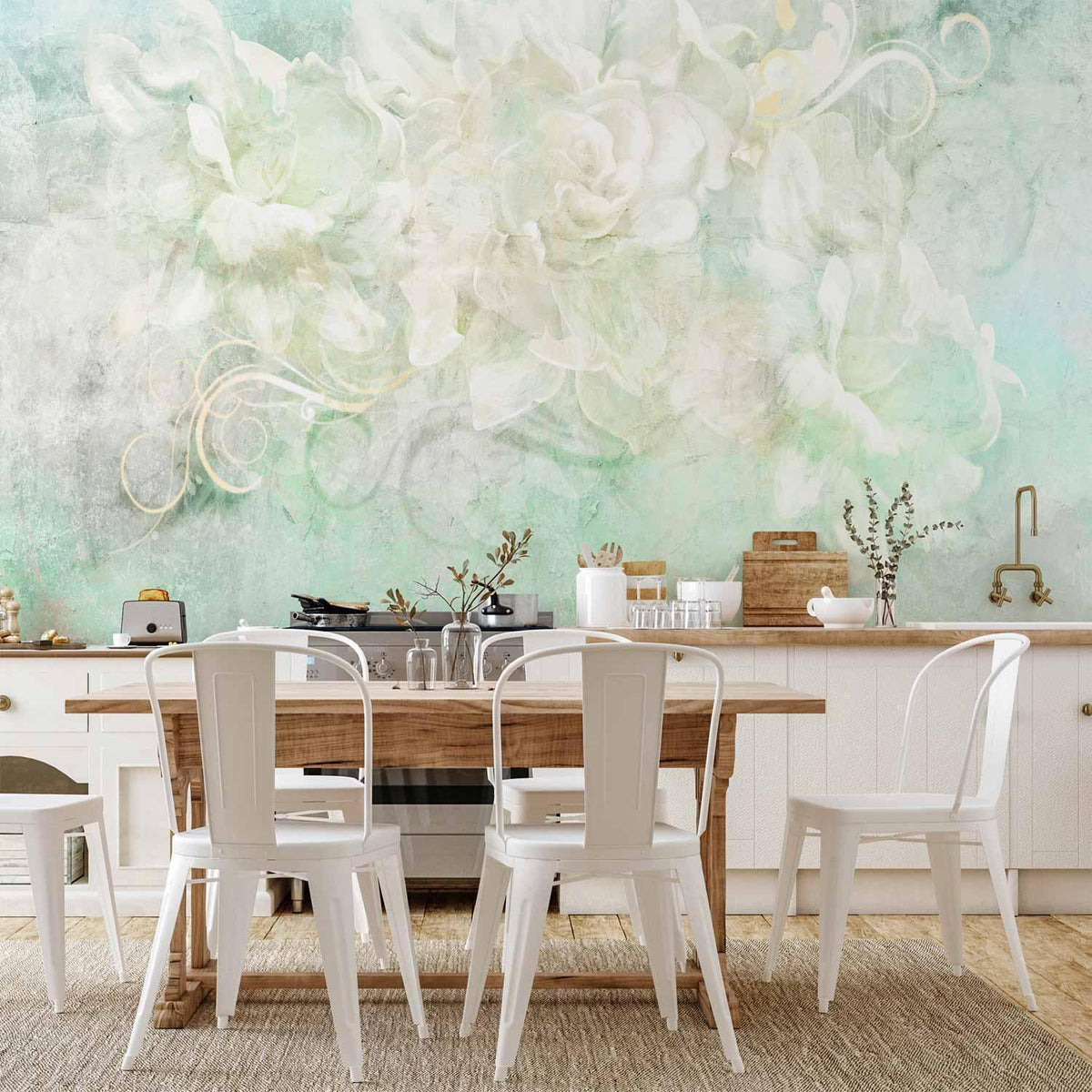 Fototapete - Blossoming among pastels - abstract with floral motif and patterns