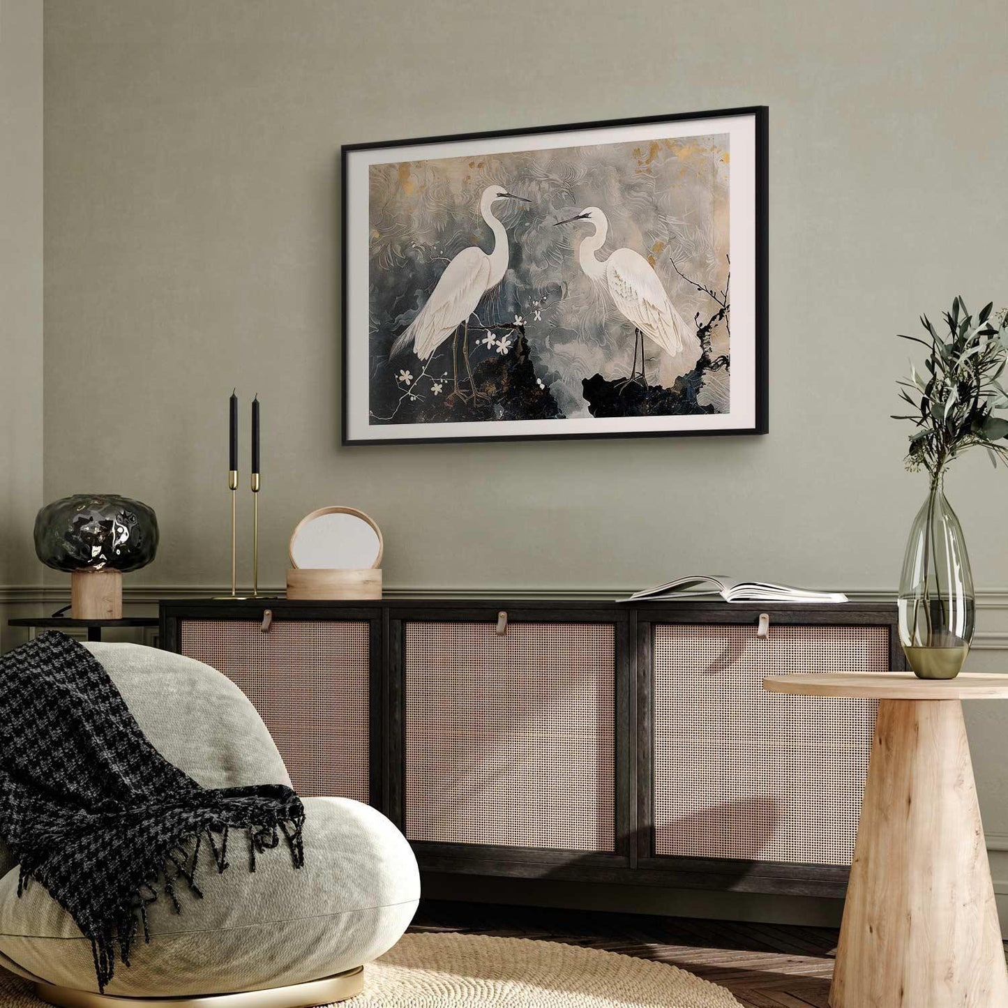 Poster - Herons and Cherry Blossom - oriental-style illustration depicting birds