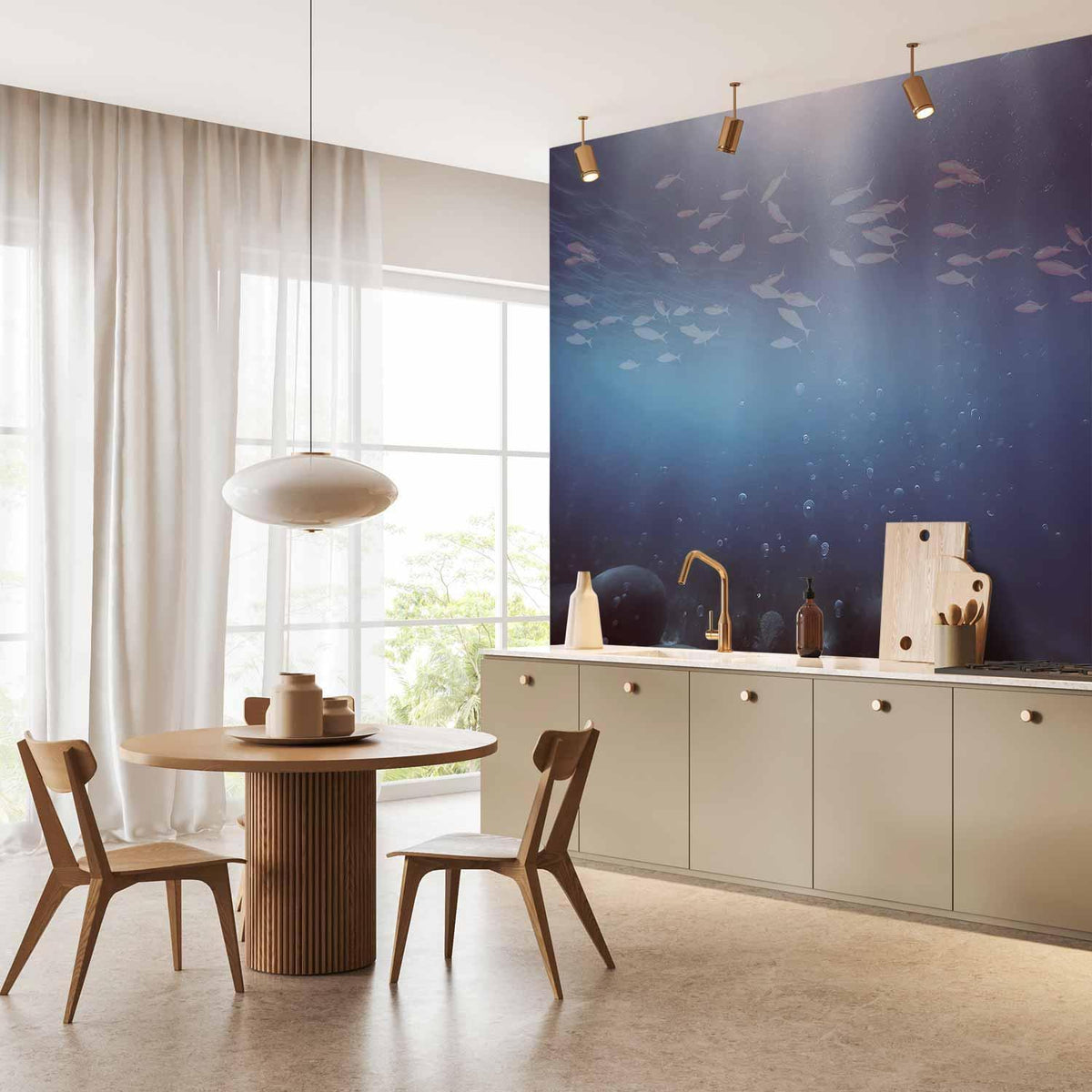 Fototapete Fische in der Tiefe – Ozean Unterwasserwelt in Blautönen