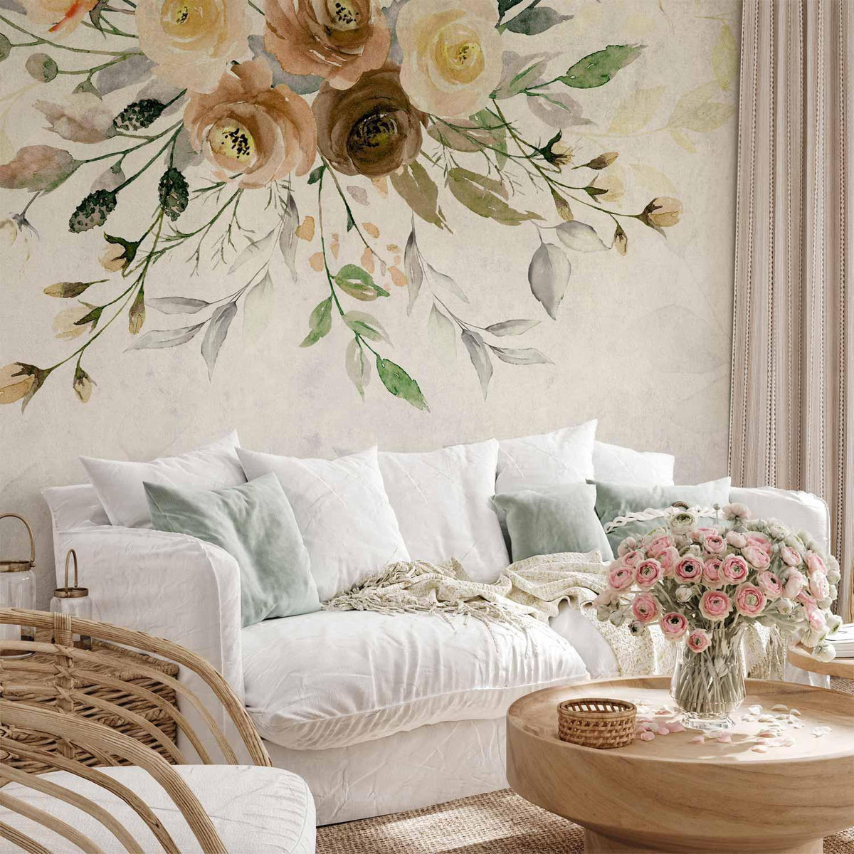 Fototapete - Summer bloom - retro floral motif with flowers and leaves with patterns